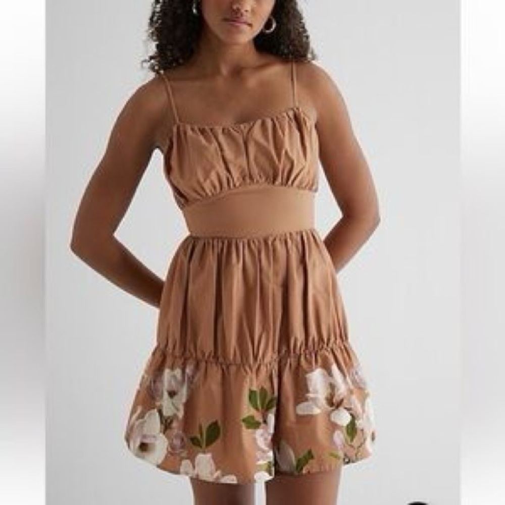 Express-Floral Ruched Tiered Poplin Mini Dress Small